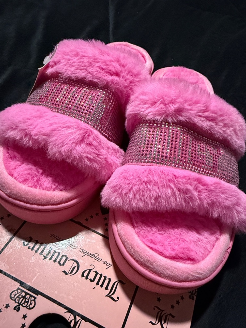 Juicy Couture Hot Pink Faux Fur Rhinestone Slide Sandals